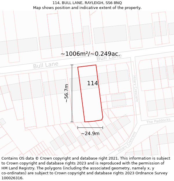 114, BULL LANE, RAYLEIGH, SS6 8NQ: Plot and title map