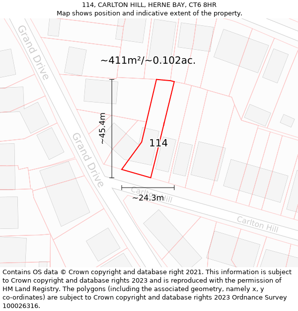 114, CARLTON HILL, HERNE BAY, CT6 8HR: Plot and title map