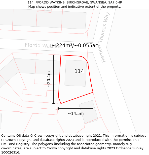 114, FFORDD WATKINS, BIRCHGROVE, SWANSEA, SA7 0HP: Plot and title map