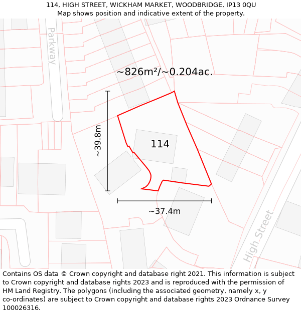114, HIGH STREET, WICKHAM MARKET, WOODBRIDGE, IP13 0QU: Plot and title map