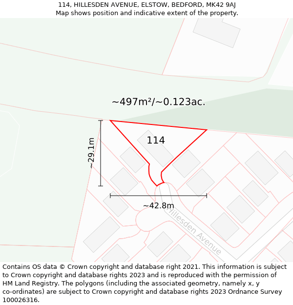 114, HILLESDEN AVENUE, ELSTOW, BEDFORD, MK42 9AJ: Plot and title map