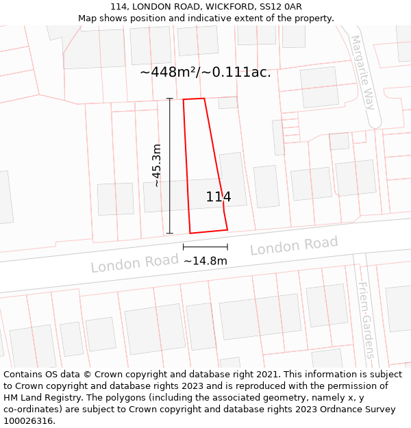 114, LONDON ROAD, WICKFORD, SS12 0AR: Plot and title map