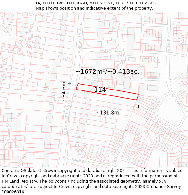 114, LUTTERWORTH ROAD, AYLESTONE, LEICESTER, LE2 8PG: Plot and title map