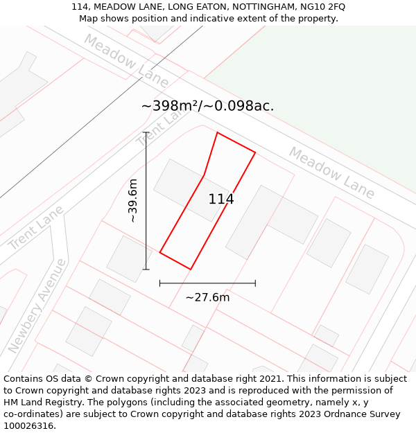 114, MEADOW LANE, LONG EATON, NOTTINGHAM, NG10 2FQ: Plot and title map