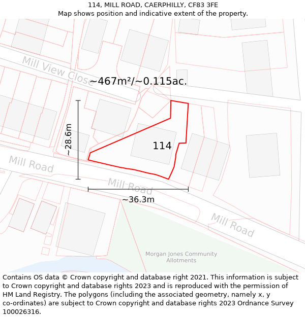 114, MILL ROAD, CAERPHILLY, CF83 3FE: Plot and title map