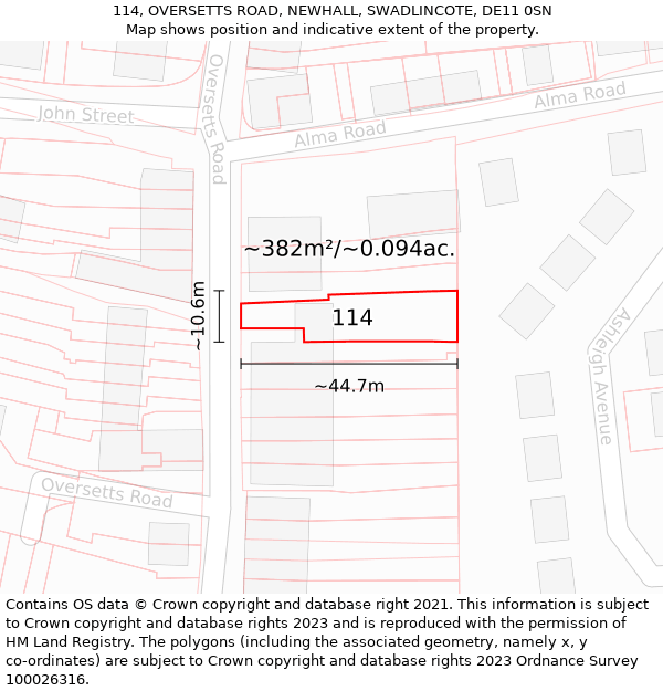 114, OVERSETTS ROAD, NEWHALL, SWADLINCOTE, DE11 0SN: Plot and title map