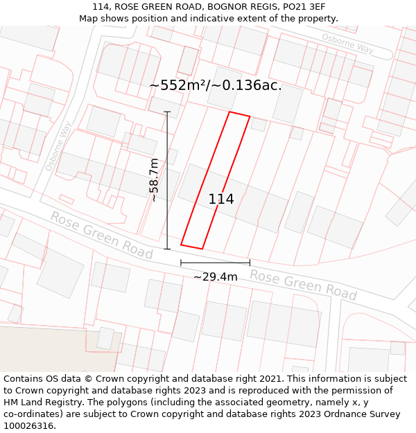 114, ROSE GREEN ROAD, BOGNOR REGIS, PO21 3EF: Plot and title map