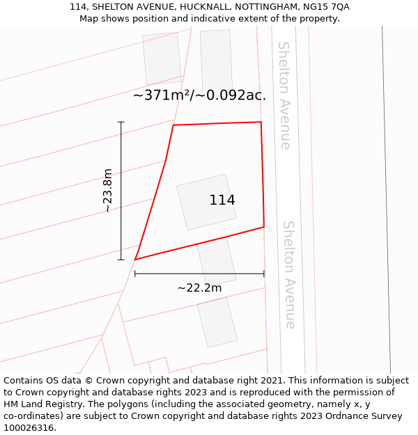 114, SHELTON AVENUE, HUCKNALL, NOTTINGHAM, NG15 7QA: Plot and title map