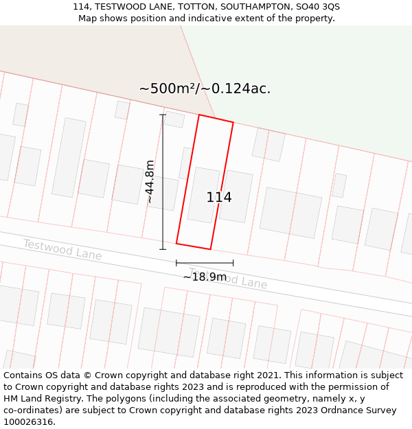 114, TESTWOOD LANE, TOTTON, SOUTHAMPTON, SO40 3QS: Plot and title map