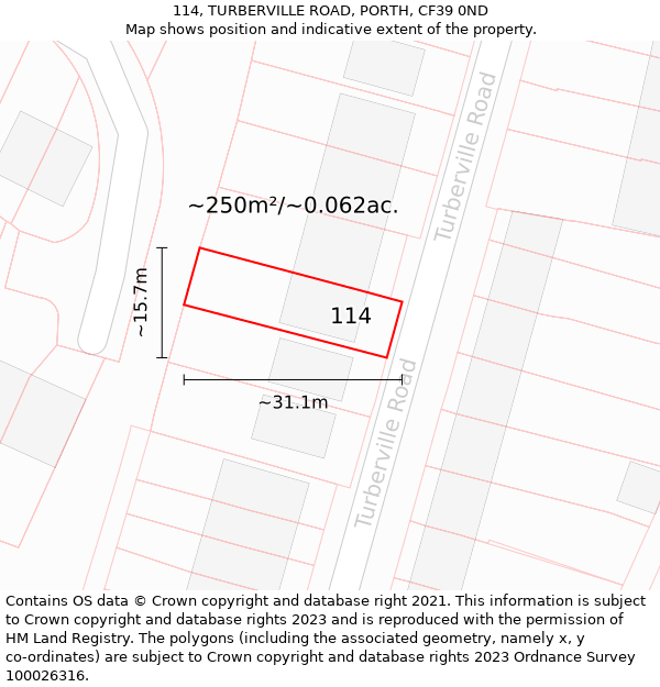 114, TURBERVILLE ROAD, PORTH, CF39 0ND: Plot and title map