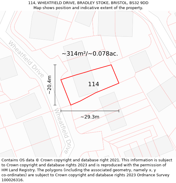 114, WHEATFIELD DRIVE, BRADLEY STOKE, BRISTOL, BS32 9DD: Plot and title map