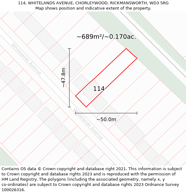 114, WHITELANDS AVENUE, CHORLEYWOOD, RICKMANSWORTH, WD3 5RG: Plot and title map