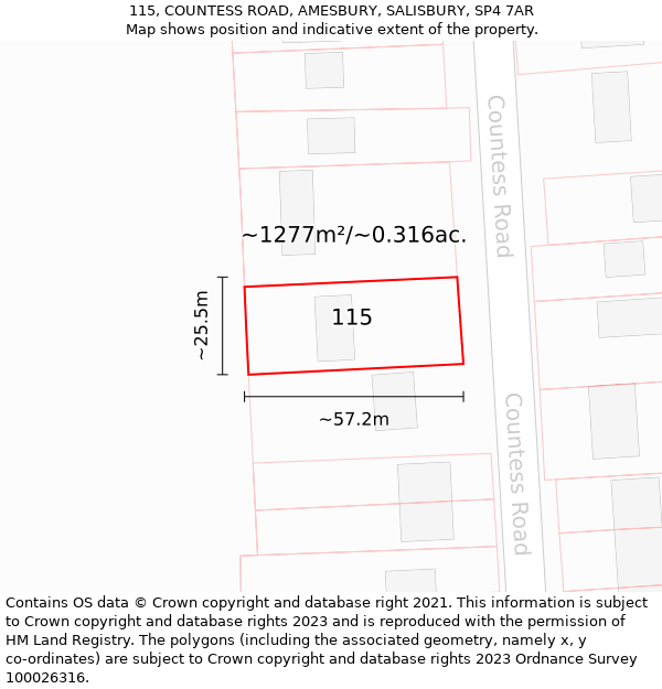 115, COUNTESS ROAD, AMESBURY, SALISBURY, SP4 7AR: Plot and title map