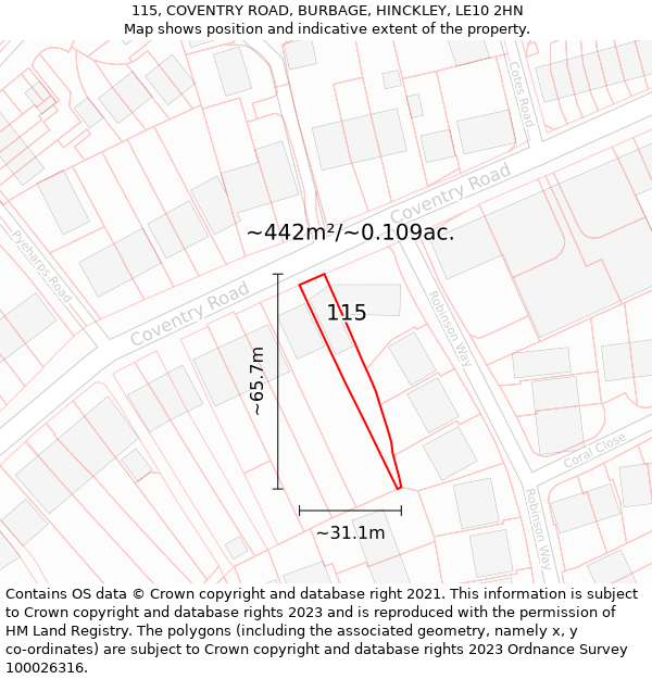 115, COVENTRY ROAD, BURBAGE, HINCKLEY, LE10 2HN: Plot and title map