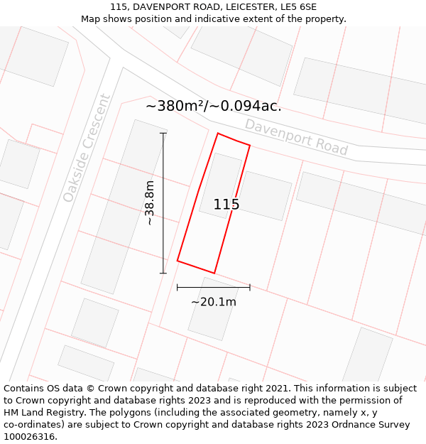 115, DAVENPORT ROAD, LEICESTER, LE5 6SE: Plot and title map