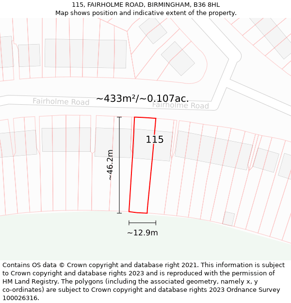 115, FAIRHOLME ROAD, BIRMINGHAM, B36 8HL: Plot and title map