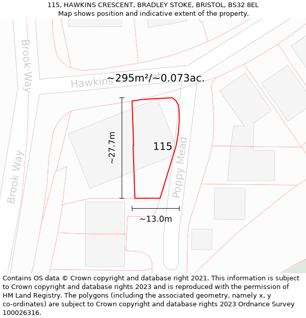 115, HAWKINS CRESCENT, BRADLEY STOKE, BRISTOL, BS32 8EL: Plot and title map