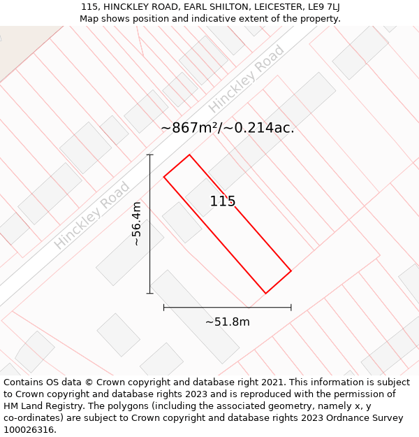 115, HINCKLEY ROAD, EARL SHILTON, LEICESTER, LE9 7LJ: Plot and title map