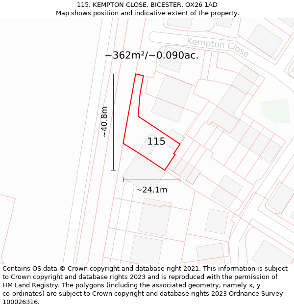 115, KEMPTON CLOSE, BICESTER, OX26 1AD: Plot and title map