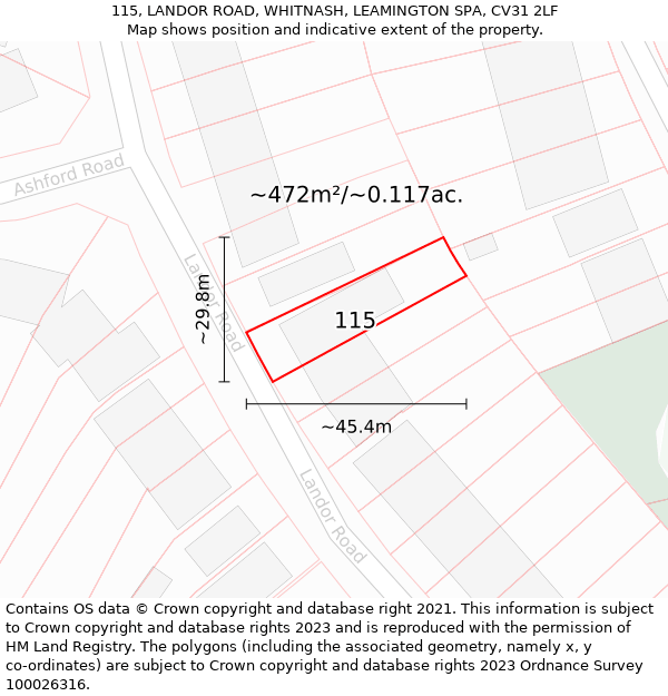 115, LANDOR ROAD, WHITNASH, LEAMINGTON SPA, CV31 2LF: Plot and title map