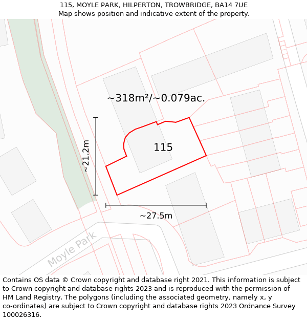 115, MOYLE PARK, HILPERTON, TROWBRIDGE, BA14 7UE: Plot and title map