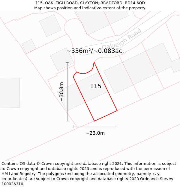 115, OAKLEIGH ROAD, CLAYTON, BRADFORD, BD14 6QD: Plot and title map