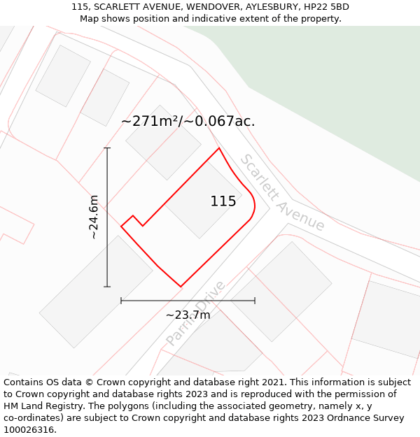 115, SCARLETT AVENUE, WENDOVER, AYLESBURY, HP22 5BD: Plot and title map