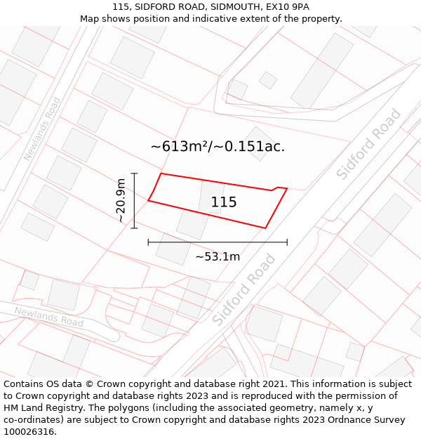 115, SIDFORD ROAD, SIDMOUTH, EX10 9PA: Plot and title map