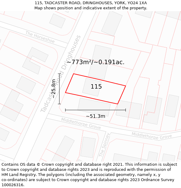 115, TADCASTER ROAD, DRINGHOUSES, YORK, YO24 1XA: Plot and title map