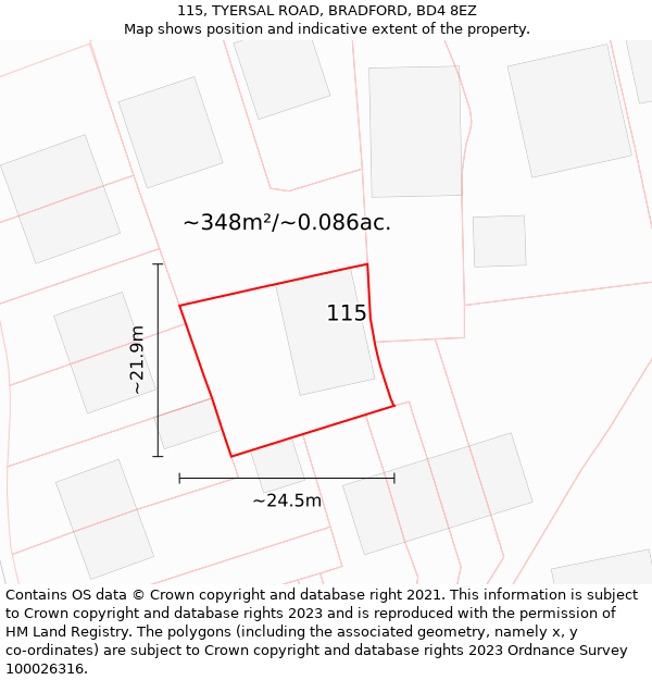 115, TYERSAL ROAD, BRADFORD, BD4 8EZ: Plot and title map