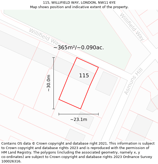 115, WILLIFIELD WAY, LONDON, NW11 6YE: Plot and title map