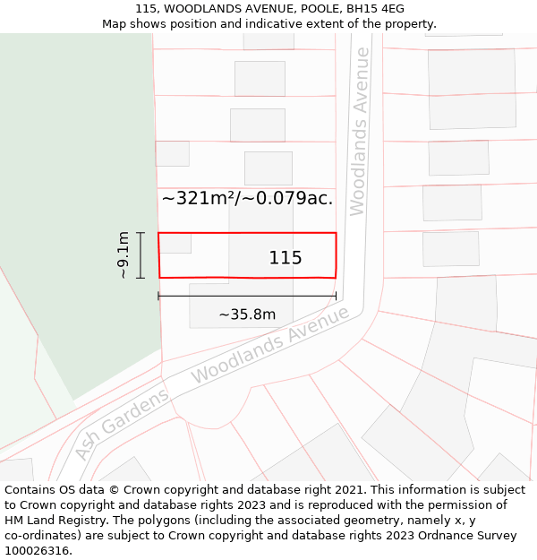 115, WOODLANDS AVENUE, POOLE, BH15 4EG: Plot and title map