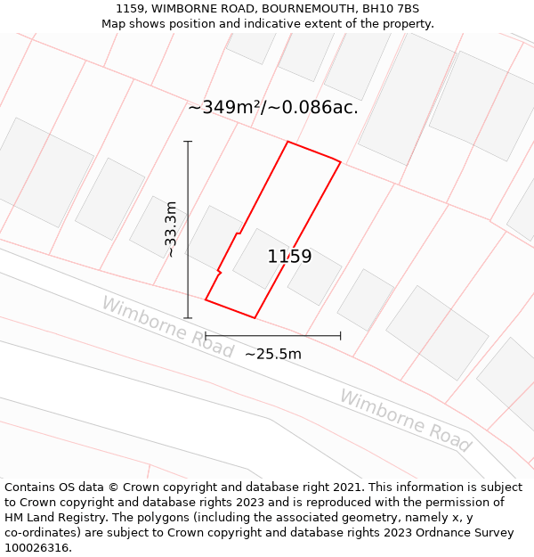 1159, WIMBORNE ROAD, BOURNEMOUTH, BH10 7BS: Plot and title map