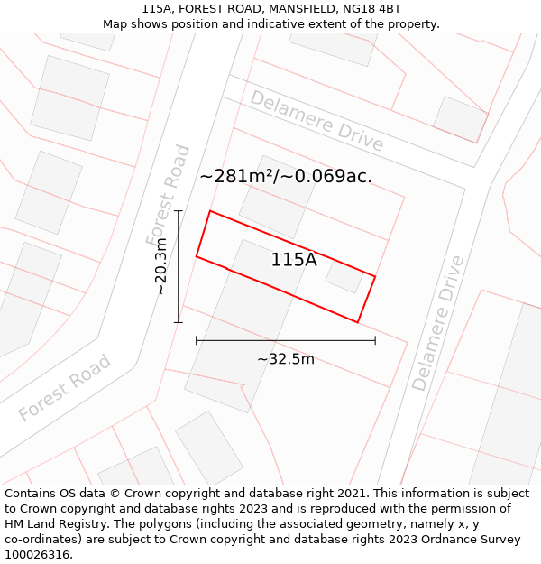 115A, FOREST ROAD, MANSFIELD, NG18 4BT: Plot and title map