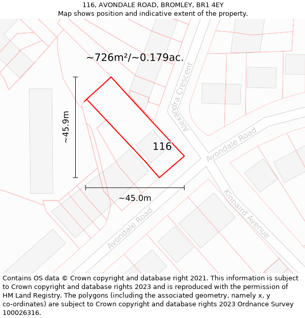 116, AVONDALE ROAD, BROMLEY, BR1 4EY: Plot and title map