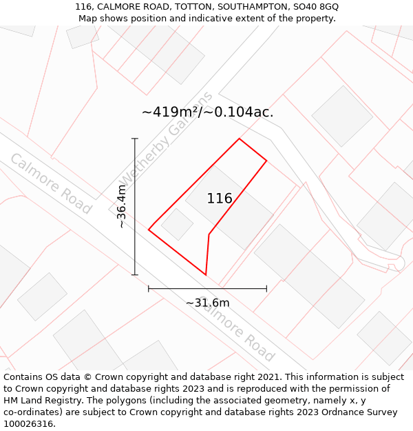 116, CALMORE ROAD, TOTTON, SOUTHAMPTON, SO40 8GQ: Plot and title map