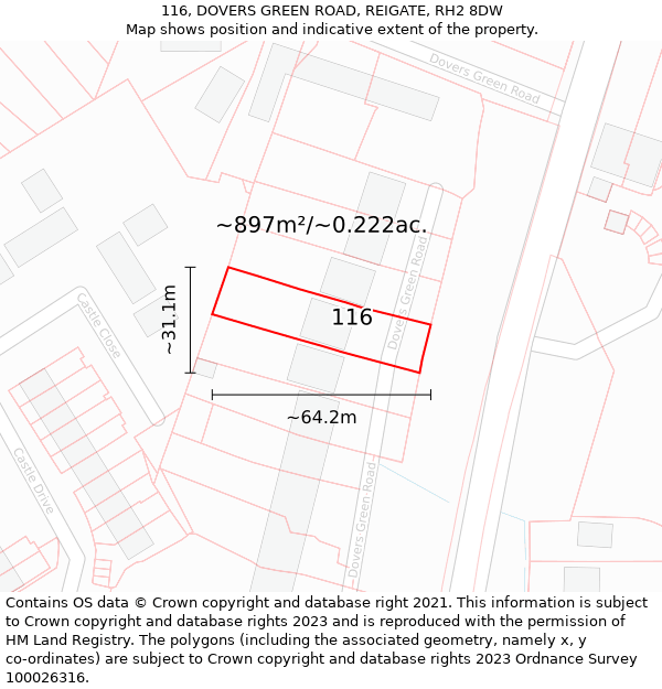 116, DOVERS GREEN ROAD, REIGATE, RH2 8DW: Plot and title map