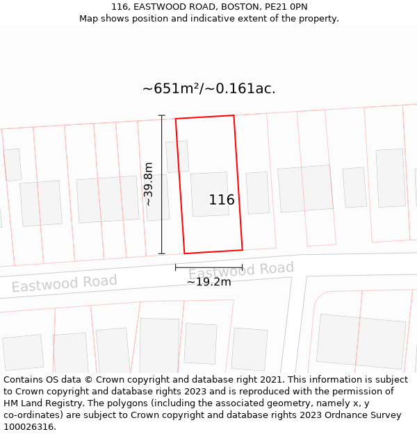 116, EASTWOOD ROAD, BOSTON, PE21 0PN: Plot and title map