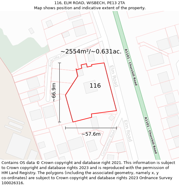116, ELM ROAD, WISBECH, PE13 2TA: Plot and title map