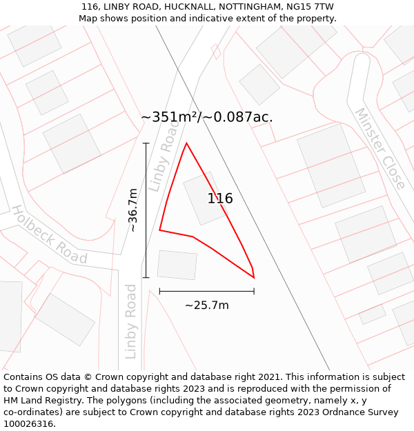 116, LINBY ROAD, HUCKNALL, NOTTINGHAM, NG15 7TW: Plot and title map