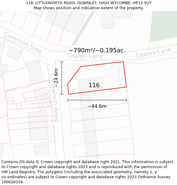 116, LITTLEWORTH ROAD, DOWNLEY, HIGH WYCOMBE, HP13 5UY: Plot and title map