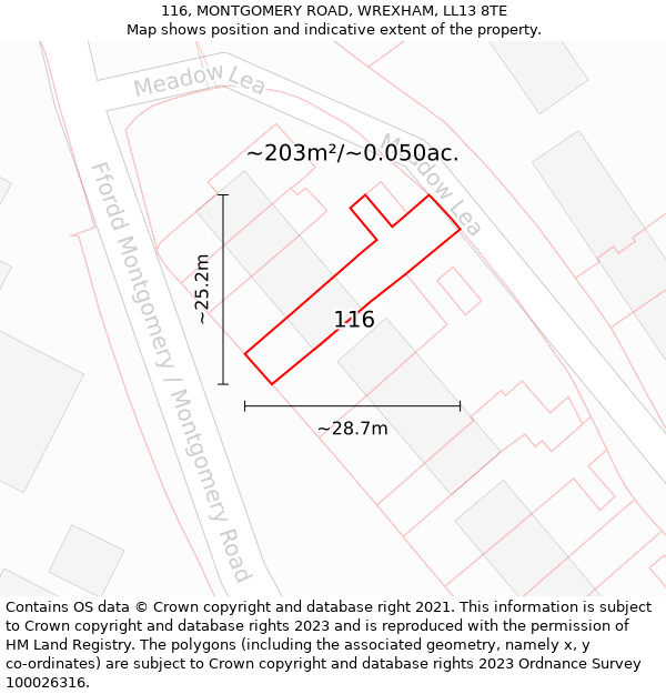 116, MONTGOMERY ROAD, WREXHAM, LL13 8TE: Plot and title map