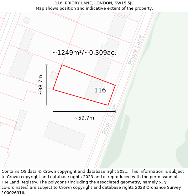 116, PRIORY LANE, LONDON, SW15 5JL: Plot and title map