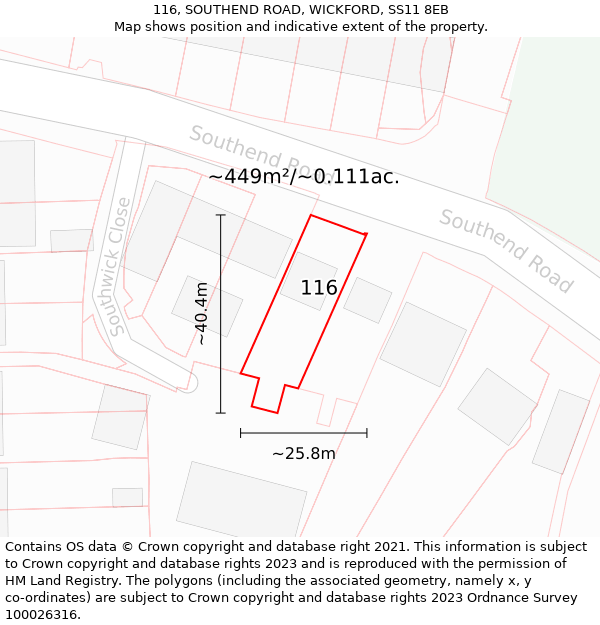116, SOUTHEND ROAD, WICKFORD, SS11 8EB: Plot and title map
