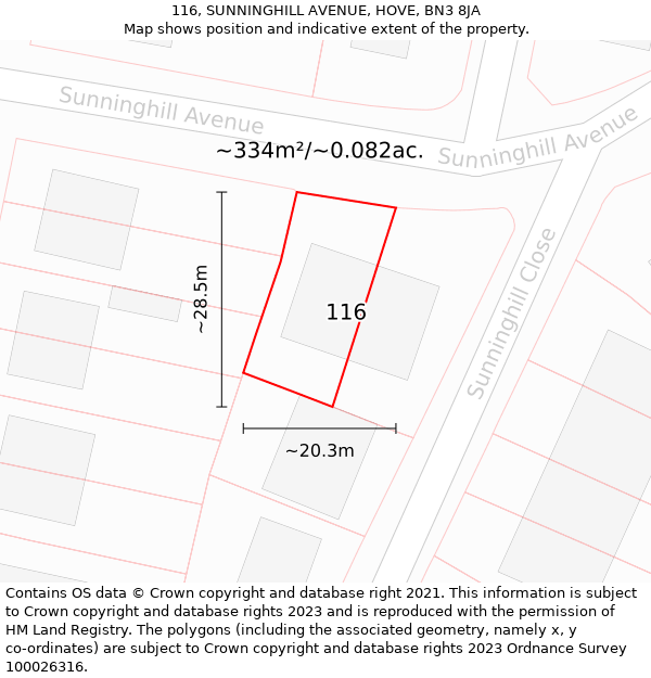 116, SUNNINGHILL AVENUE, HOVE, BN3 8JA: Plot and title map