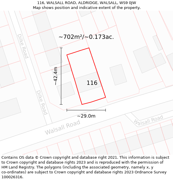 116, WALSALL ROAD, ALDRIDGE, WALSALL, WS9 0JW: Plot and title map