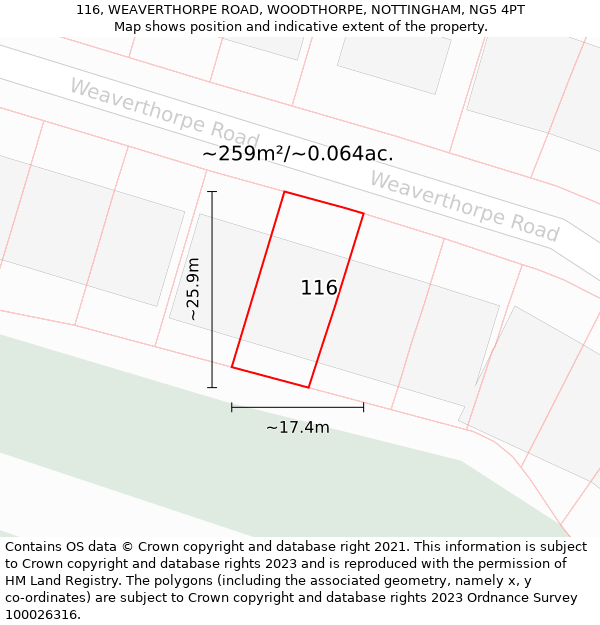 116, WEAVERTHORPE ROAD, WOODTHORPE, NOTTINGHAM, NG5 4PT: Plot and title map