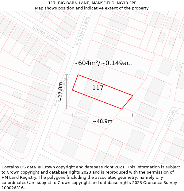 117, BIG BARN LANE, MANSFIELD, NG18 3PF: Plot and title map