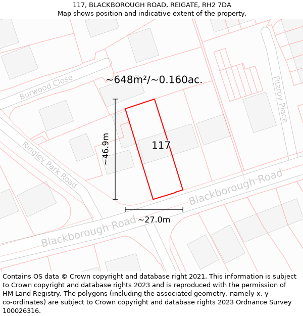 117, BLACKBOROUGH ROAD, REIGATE, RH2 7DA: Plot and title map