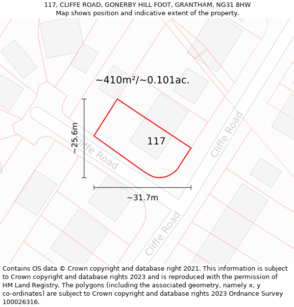 117, CLIFFE ROAD, GONERBY HILL FOOT, GRANTHAM, NG31 8HW: Plot and title map